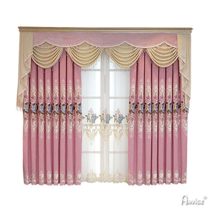 Anvige Home Textile Luxury Curtain ANVIGE Luxury Pink Flower Embroidered Curtain With Valance,Custom Made Blackout Window Drapes For Living Room