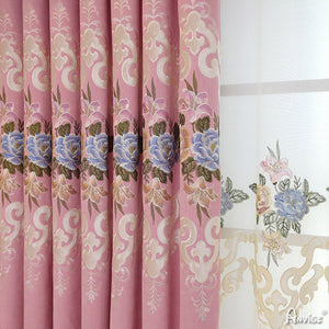 Anvige Home Textile Luxury Curtain ANVIGE Luxury Pink Flower Embroidered Curtain With Valance,Custom Made Blackout Window Drapes For Living Room