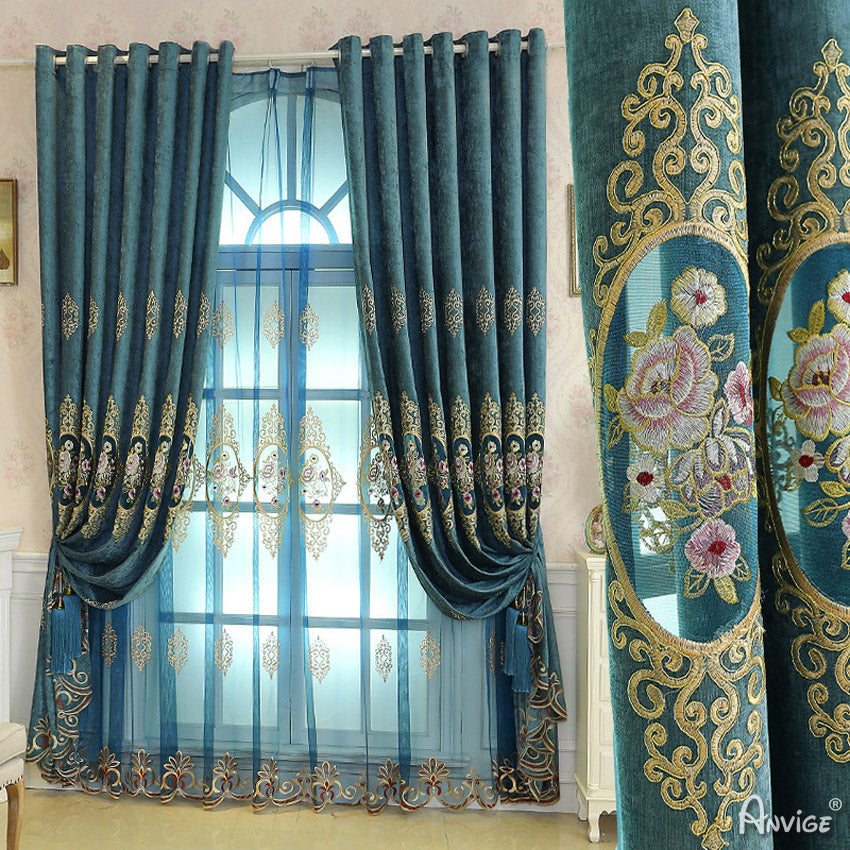 Anvige Home Textile Luxury Curtain ANVIGE New Arrival Blue Flowers Embroidered Curtains,Customized Valance,Window Treatment For Living Room