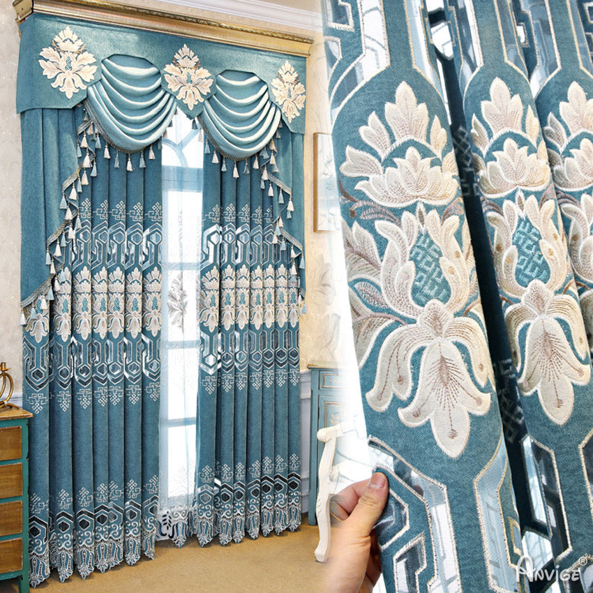 Anvige Home Textile Luxury Curtain ANVIGE New Arrival Blue Geometric Embroidered Curtains,Customized Valance,Window Treatment For Living Room