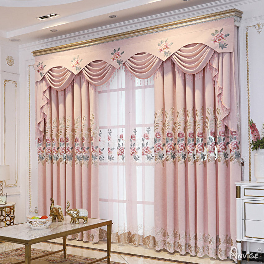 Anvige Home Textile Luxury Curtain ANVIGE New Arrival Pink Flowers Embroidered Curtain With Valance,Custom Made Blackout Window Drapes For Living Room
