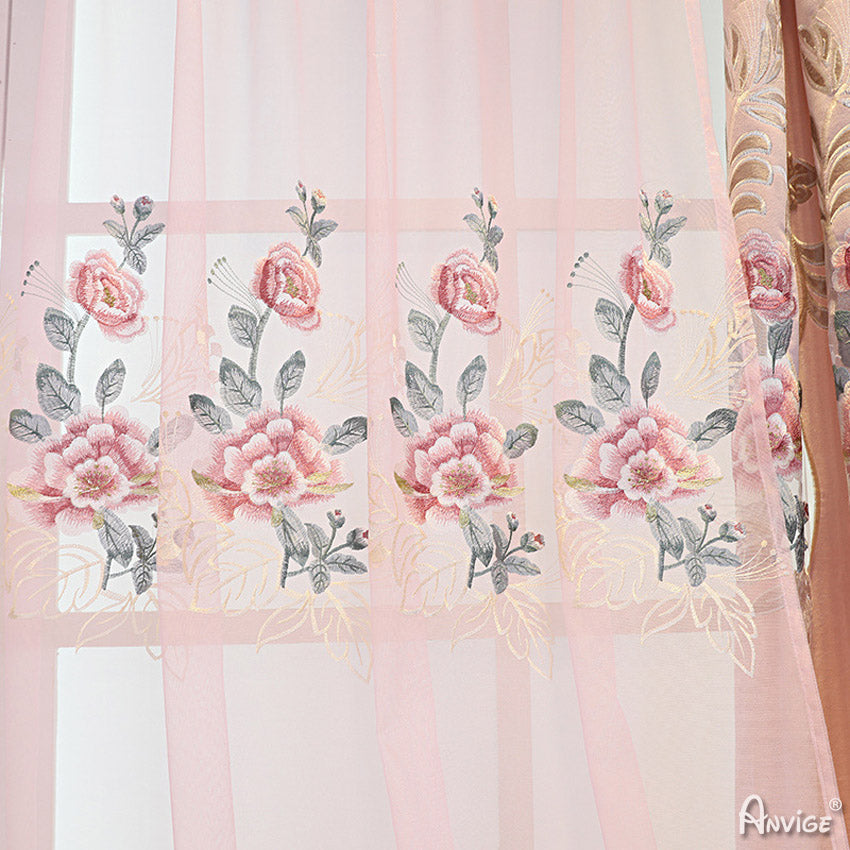 Anvige Home Textile Luxury Curtain ANVIGE New Arrival Pink Flowers Embroidered Curtain With Valance,Custom Made Blackout Window Drapes For Living Room
