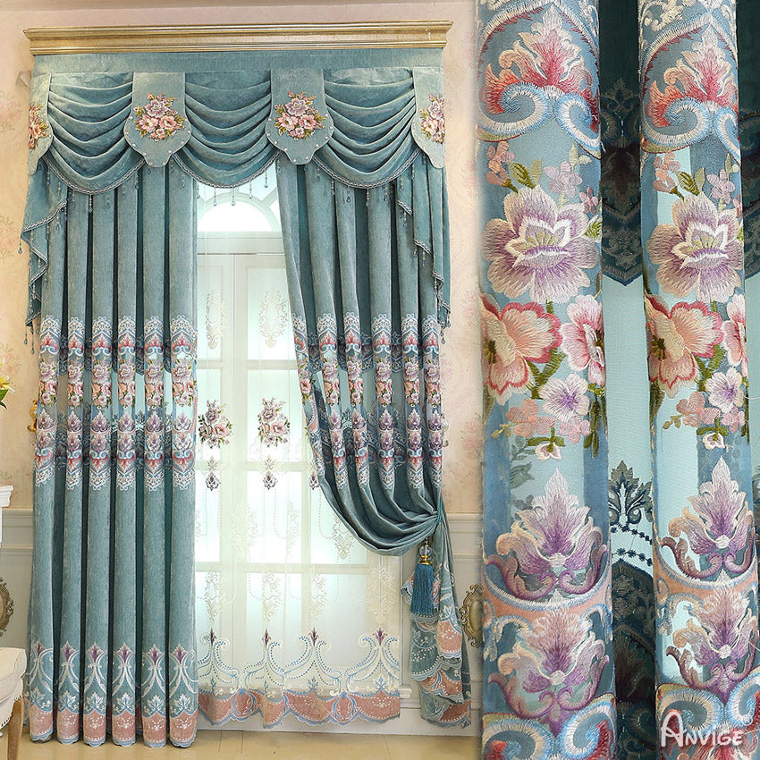Anvige Home Textile Luxury Curtain ANVIGE New Blue Embroidered Curtains Luxury Valance,Custom Made Blackout Window Drapes For Living Room