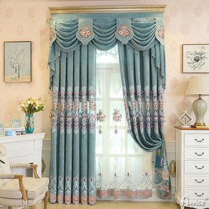 Anvige Home Textile Luxury Curtain ANVIGE New Blue Embroidered Curtains Luxury Valance,Custom Made Blackout Window Drapes For Living Room