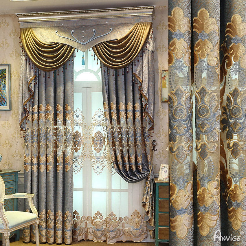 Anvige Home Textile Luxury Curtain ANVIGE New Embroidered Curtain With Valance,Custom Made Blackout Window Drapes For Living Room