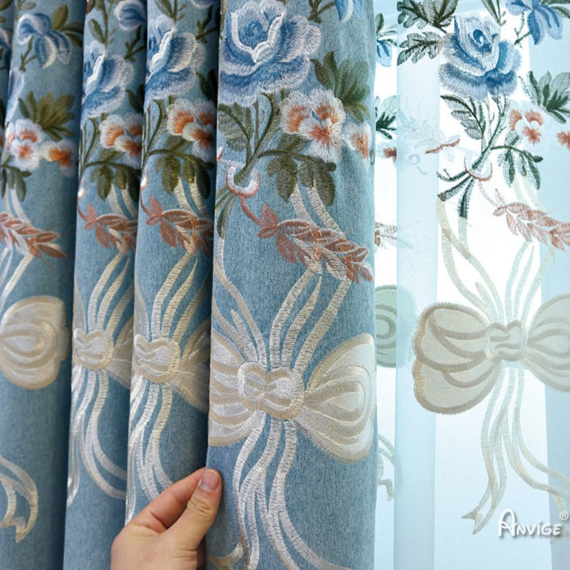 Anvige Home Textile Luxury Curtain ANVIGE Pastoral Blue Flowers Embroidered Curtains,Customized Valance,Window Treatment For Living Room