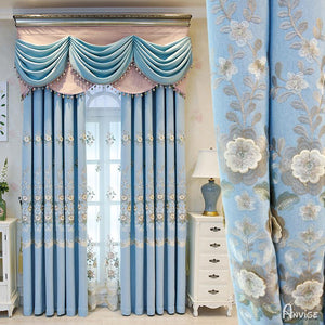 ANVIGE Pastoral Blue Flowers Embroidered Customized Curtains Luxury Valance,Blackout and Sheer Window Curtain With Grommet Top,52''Wx84''L,1 Panel