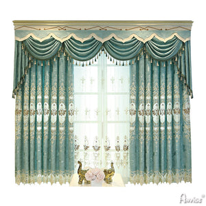 Anvige Home Textile Luxury Curtain ANVIGE Pastoral Blue Green Flowers Embroidered Curtain With Valance,Custom Made Blackout Window Drapes For Living Room
