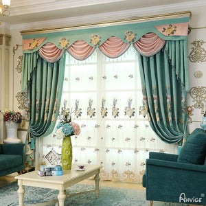 ANVIGE Pastoral Green High Quality Embroidered Curtains Luxury Valance,Blackout and Sheer Window Curtain With Grommet Top,52''Wx84''L,1 Panel
