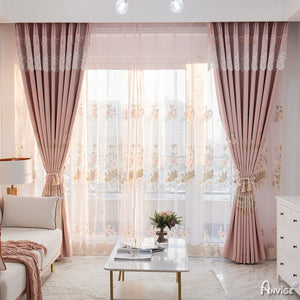 Anvige Home Textile Luxury Curtain ANVIGE Pastoral Pink Flowers Embroidered Curtain With Valance,Custom Made Blackout Window Drapes For Living Room