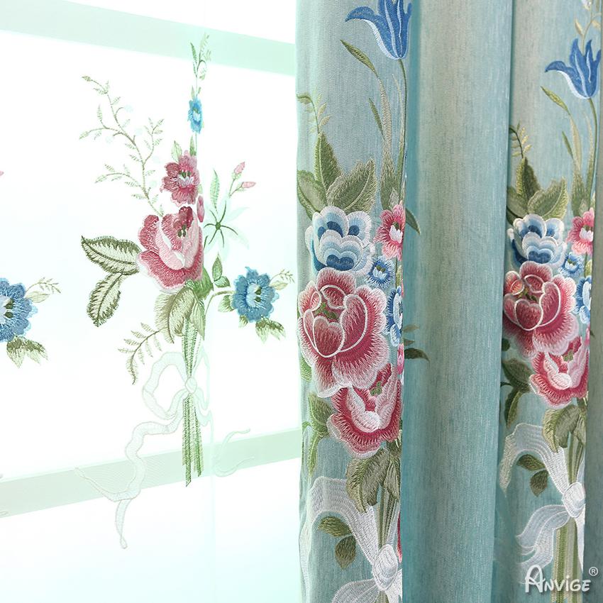 ANVIGE Pastoral Red and Blue Flowers High Quality Embroidered Curtains Luxury Valance,Blackout and Sheer Window Curtain With Grommet Top,52''Wx84''L,1 Panel