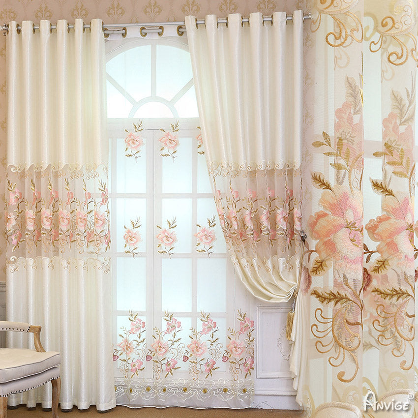 Anvige Home Textile Luxury Curtain ANVIGE Pastoral White Cream Embroidered Curtains Luxury Valance,Custom Made Blackout Window Drapes For Living Room