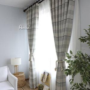 ANVIGE Modern Plaid Linen Cloth Embroidered Curtains,Grommet Window Curtain Blackout Curtains For Living Room,52''Wx63''L,1 Panel