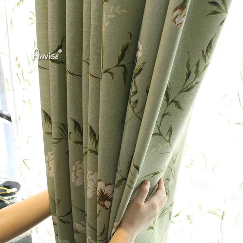 ANVIGE American Pastoral Cotton Linen Green Plants Printed,Grommet Window Curtain Blackout Curtains For Living Room,52''Wx63''L,1 Panel