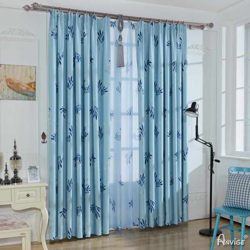 ANVIGE Garden Blue Leaf Printed,Grommet Window Curtain Blackout Curtains For Living Room,52''Wx63''L,1 Panel
