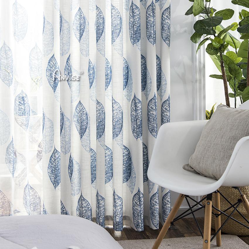 ANVIGE Garden Cotton Linen Blue Color Leaves Printed,Grommet Window Curtain Blackout Curtains For Living Room,52''Wx63''L,1 Panel