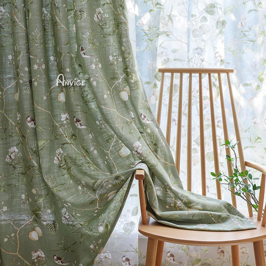 ANVIGE Garden Green Color Cotton Linen Printed,Grommet Window Curtain Blackout Curtains For Living Room,52''Wx63''L,1 Panel