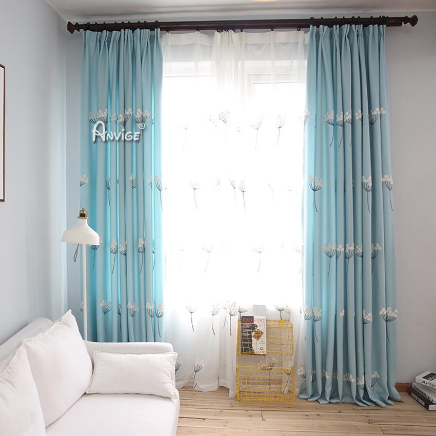 ANVIGE Pastoral Blue Color Kapok Embroidered,Grommet Window Curtain Blackout Curtains For Living Room,52''Wx63''L,1 Panel