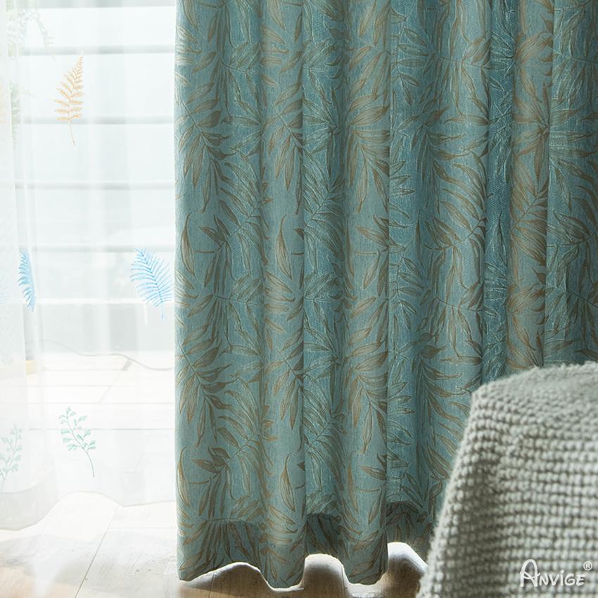 ANVIGE Pastoral Blue Leaves Jacquard ,Grommet Window Curtain Blackout Curtains For Living Room,52''Wx63''L,1 Panel