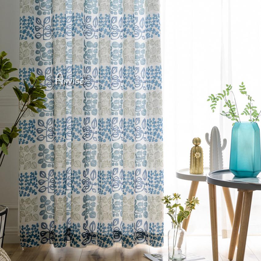 ANVIGE Pastoral Blue Leaves Printed Curtains,Grommet Window Curtain Blackout Curtains For Living Room,52''Wx63''L,1 Panel