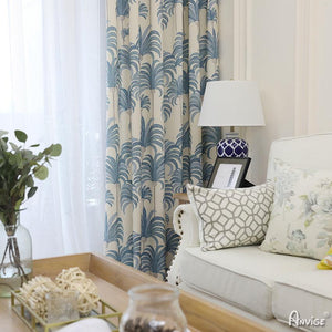 ANVIGE Pastoral Cotton Linen Blue Leaves Printed,Grommet Window Curtain Blackout Curtains For Living Room,52''Wx63''L,1 Panel