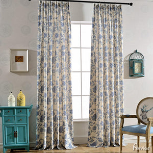 ANVIGE Pastoral Cotton Linen Little Blue Flower Printed,Grommet Window Curtain Blackout Curtains For Living Room,52''Wx63''L,1 Panel