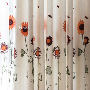 ANVIGE Pastoral Cotton Linen Sunflower Embroidered,Grommet Window Curtain Blackout Curtains For Living Room,52''Wx63''L,1 Panel