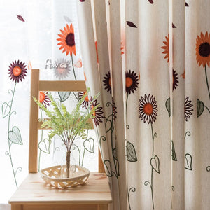 ANVIGE Pastoral Cotton Linen Sunflower Embroidered,Grommet Window Curtain Blackout Curtains For Living Room,52''Wx63''L,1 Panel