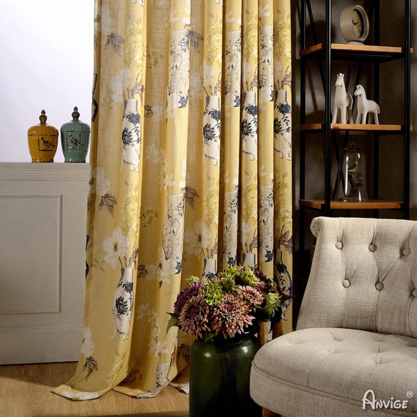 ANVIGE Pastoral Cotton Linen Yellow Color White Flowers Printed,Grommet Window Curtain Blackout Curtains For Living Room,52''Wx63''L,1 Panel