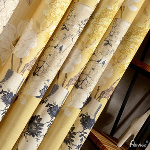 ANVIGE Pastoral Cotton Linen Yellow Color White Flowers Printed,Grommet Window Curtain Blackout Curtains For Living Room,52''Wx63''L,1 Panel
