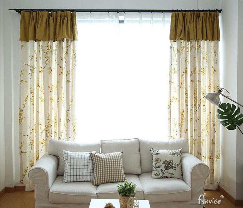 ANVIGE Pastoral Cotton Linen Yellow Leaves Printed,Grommet Window Curtain Blackout Curtains For Living Room,52''Wx63''L,1 Panel
