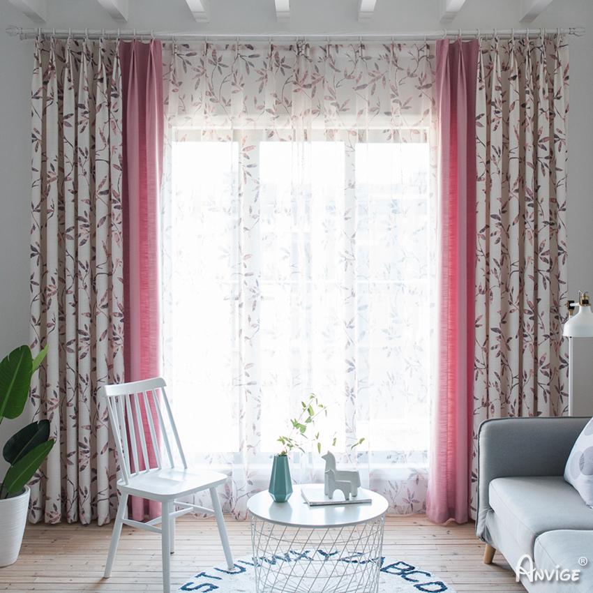 ANVIGE Pastoral Pink Color Leaves Printed,Grommet Window Curtain Blackout Curtains For Living Room,52''Wx63''L,1 Panel