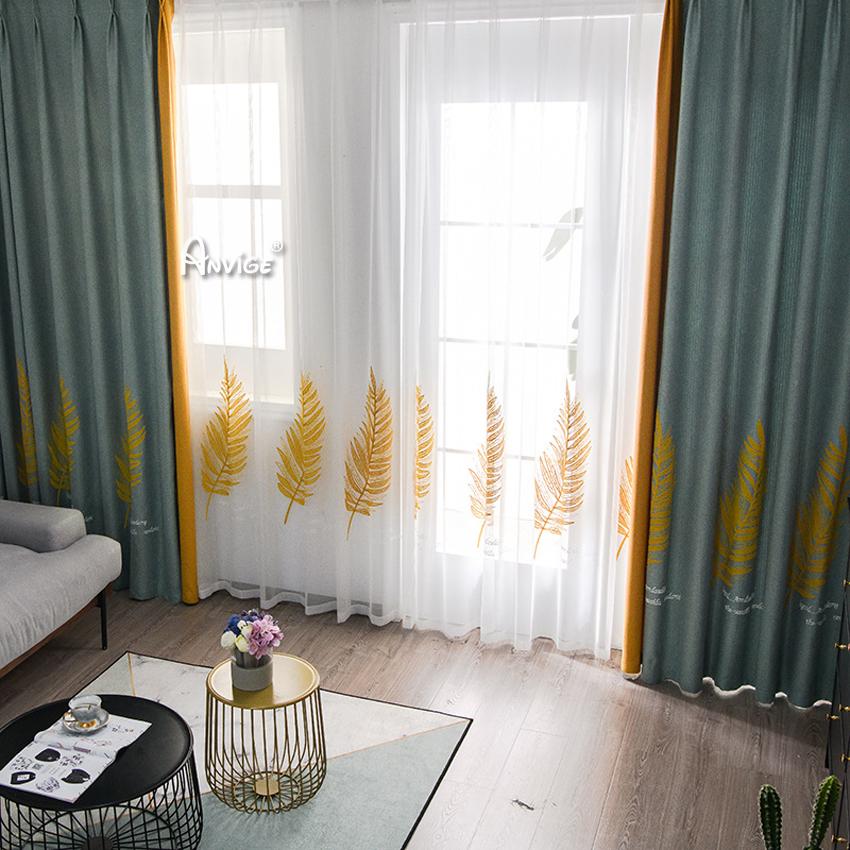 ANVIGE Pastoral Yellow Leaves Embroidered,Grommet Window Curtain Blackout Curtains For Living Room,52''Wx63''L,1 Panel