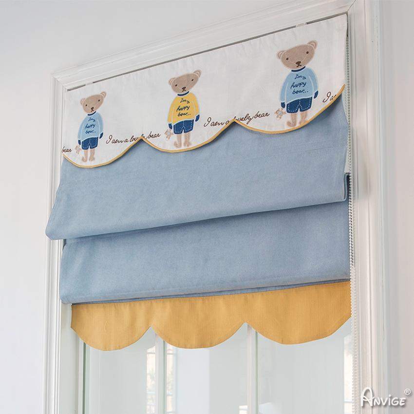 ANVIGE Cartoon Blue and Yellow Color With Bear Embroidered Valance Printed Roman Shades ,Easy Install Washable Curtains ,Customized Window Curtain Drape, 24"W X 64"H
