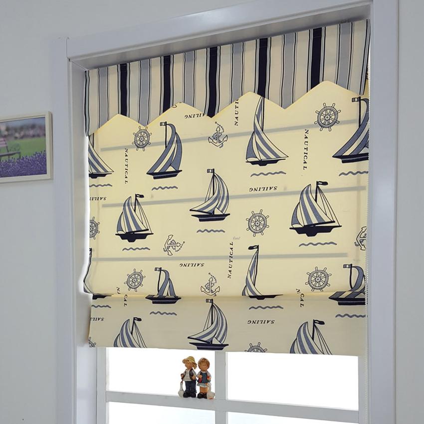 ANVIGE Cartoon Children Blue Sailing Boat Printed Roman Shades ,Easy Install Washable Curtains ,Customized Window Curtain Drape, 24"W X 64"H