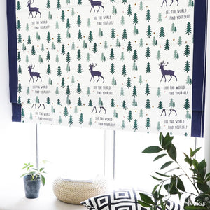 ANVIGE Cartoon Forest Deers With Navy Blue Valance Customized Roman Shades ,Easy Install Washable Curtains ,Customized Window Curtain Drape, 24"W X 64"H
