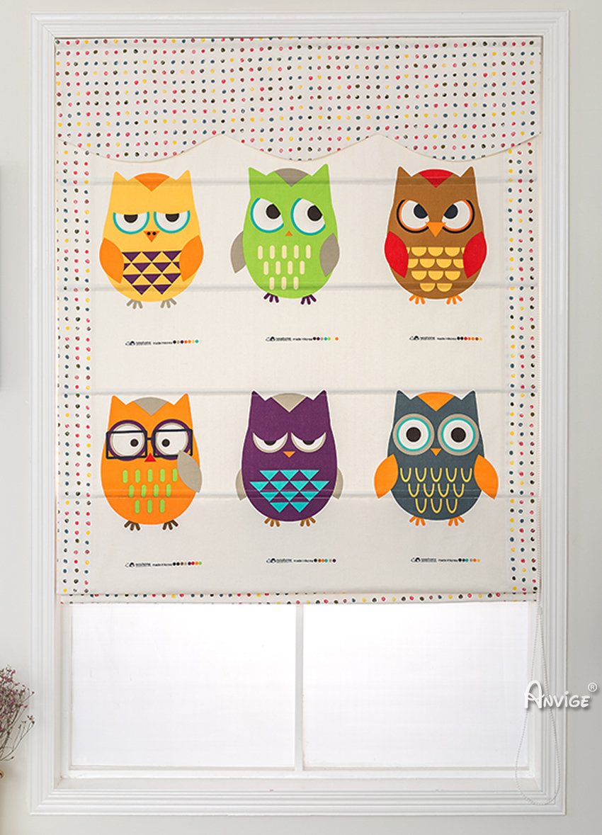 ANVIGE Cartoon Owls Printed With Valance Customized Roman Shades ,Easy Install Washable Curtains ,Customized Window Curtain Drape, 24"W X 64"H