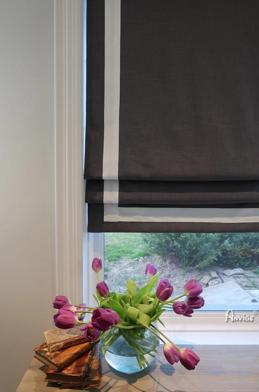 Anvige Home Textile Roman Shade Anvige Flat Roman Shades,Hardware For Installation Included,Window Treatment,Custom Roman Blinds,Black With White Borders
