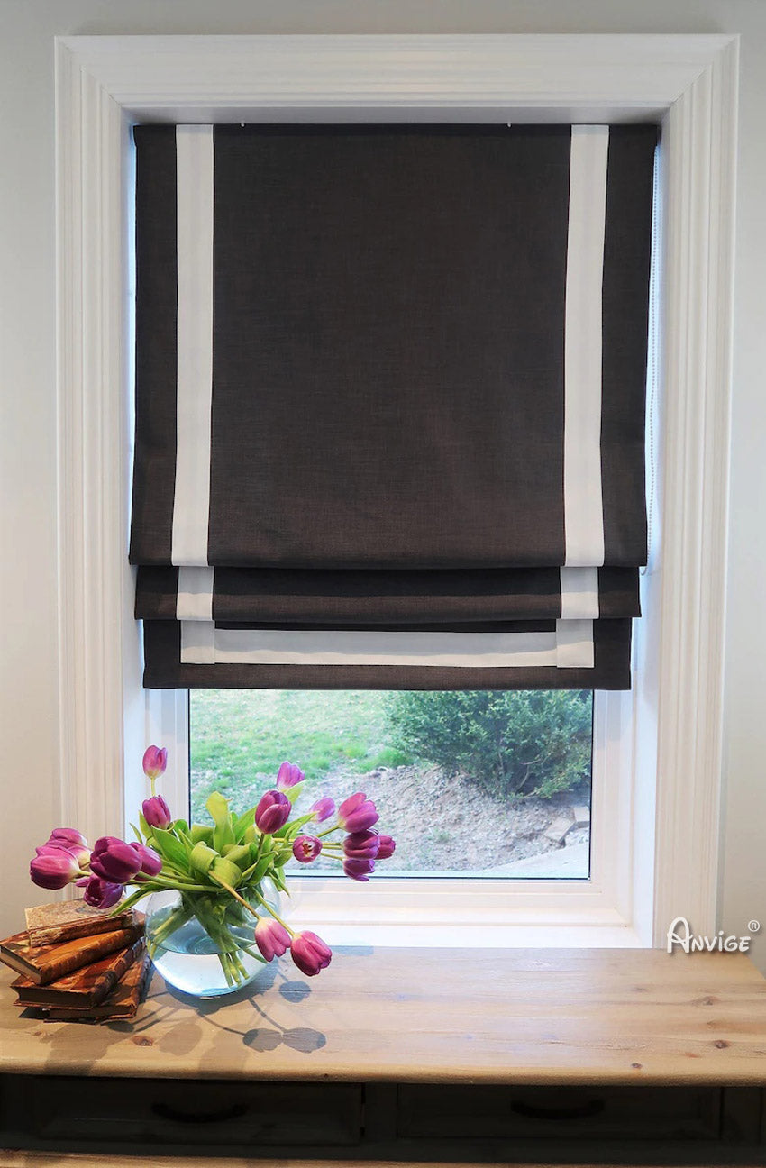 Anvige Home Textile Roman Shade Anvige Flat Roman Shades,Hardware For Installation Included,Window Treatment,Custom Roman Blinds,Black With White Borders