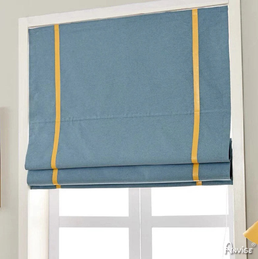 Anvige Home Textile Roman Shade Anvige Flat Roman Shades,Hardware For Installation Included,Window Treatment,Custom Roman Blinds,Blue With Yellow Trims