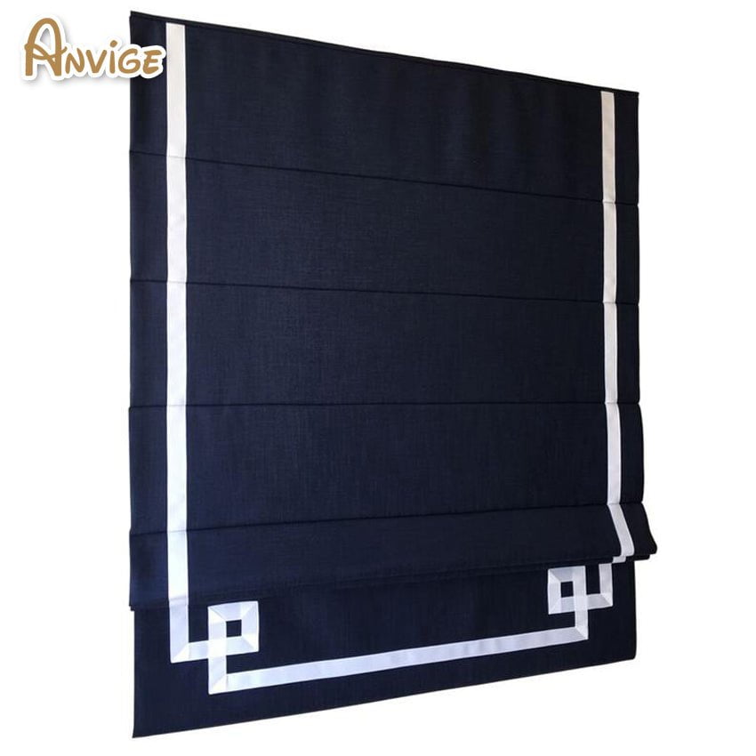 Anvige Home Textile Roman Shade Anvige Flat Roman Shades,Hardware For Installation Included,Window Treatment,Custom Roman Blinds,Geometric Navy Blue With White Border Trims