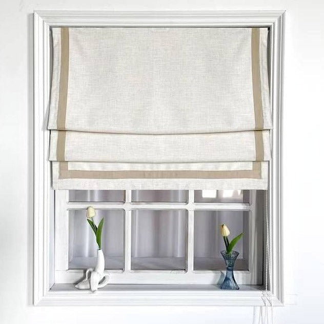 Anvige Home Textile Roman Shade Anvige Flat Roman Shades,Hardware For Installation Included,Window Treatment,Custom Roman Blinds ,White Linen Farbic With Light Coffee Border Trims