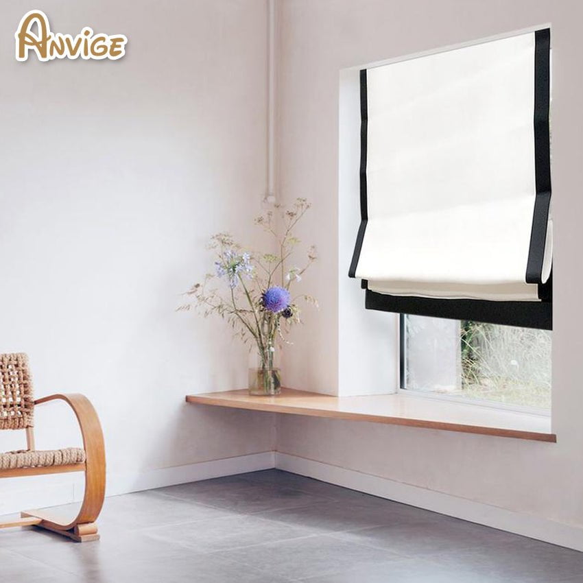 Anvige Home Textile Roman Shade Anvige Flat Roman Shades,Hardware For Installation Included,Window Treatment,Custom Roman Blinds,White With Black Border Trims