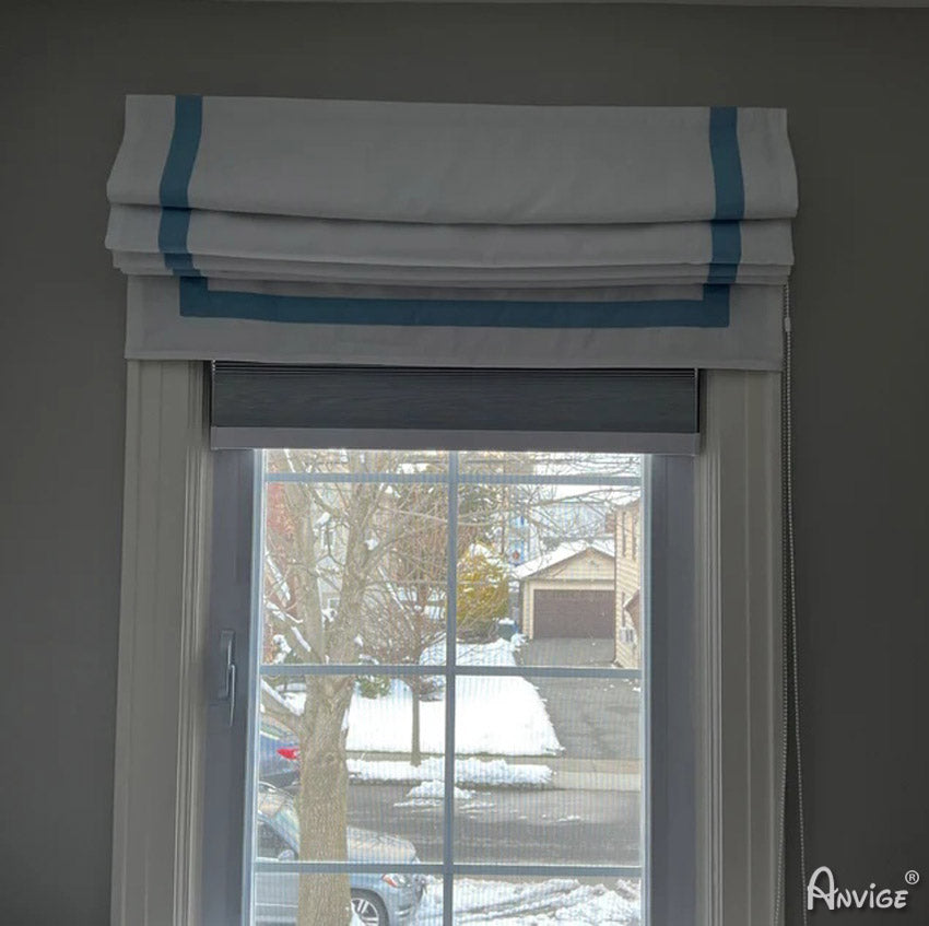 Anvige Home Textile Roman Shade Anvige Flat Roman Shades,Hardware For Installation Included,Window Treatment,Custom Roman Blinds,White With Blue Border
