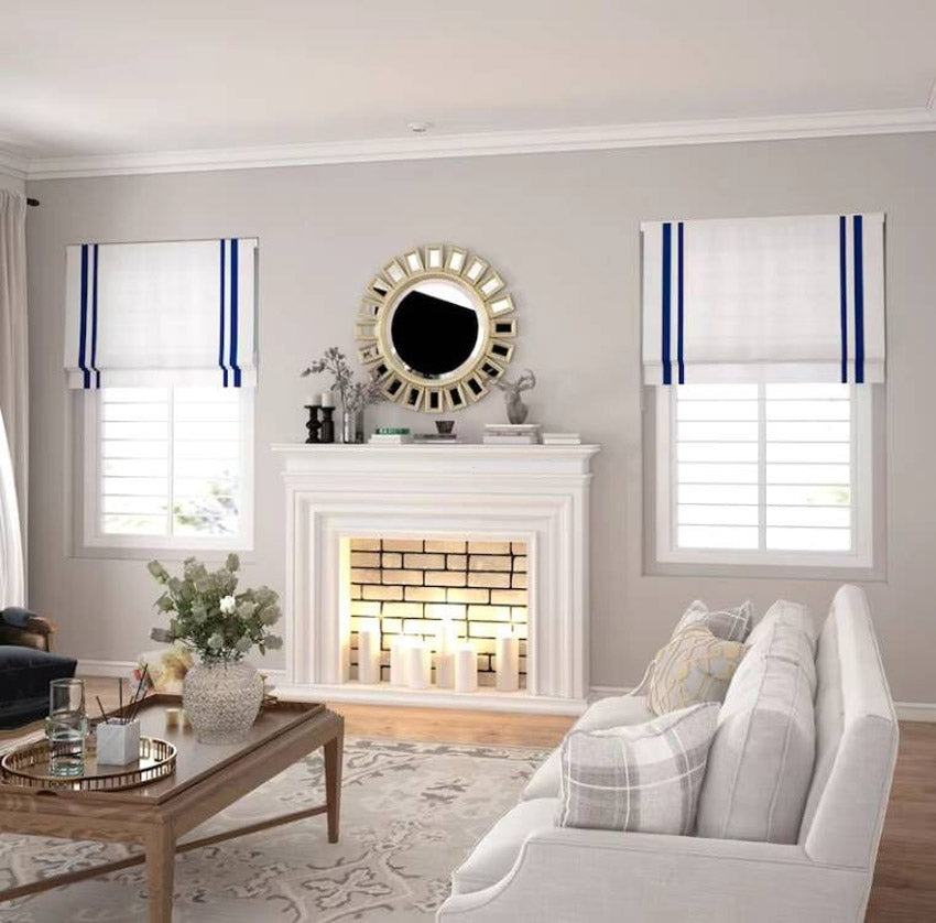 Anvige Home Textile Roman Shade Anvige Flat Roman Shades,Hardware For Installation Included,Window Treatment,Custom Roman Blinds ,White With Double Blue Trims