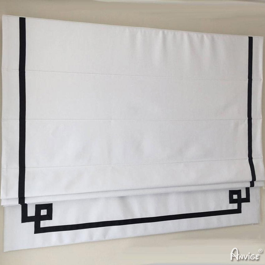 Anvige Home Textile Roman Shade Anvige Flat Roman Shades,Hardware For Installation Included,Window Treatment,Custom Roman Blinds,White With Geometric Black Border Trims