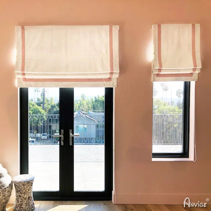 Anvige Home Textile Roman Shade Anvige Flat Roman Shades,Hardware For Installation Included,Window Treatment,Custom Roman Blinds,White With Pink Border Trims