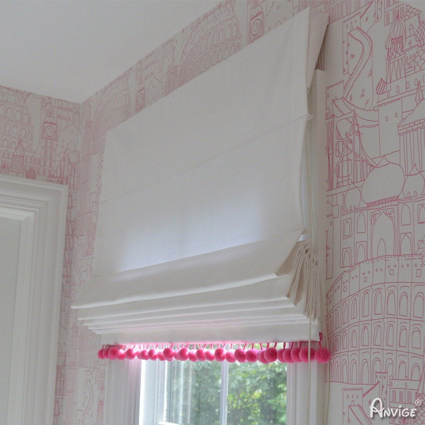 Anvige Home Textile Roman Shade Anvige Flat Roman Shades,Hardware For Installation Included,Window Treatment,Custom Roman Blinds,White With Pink Pompom