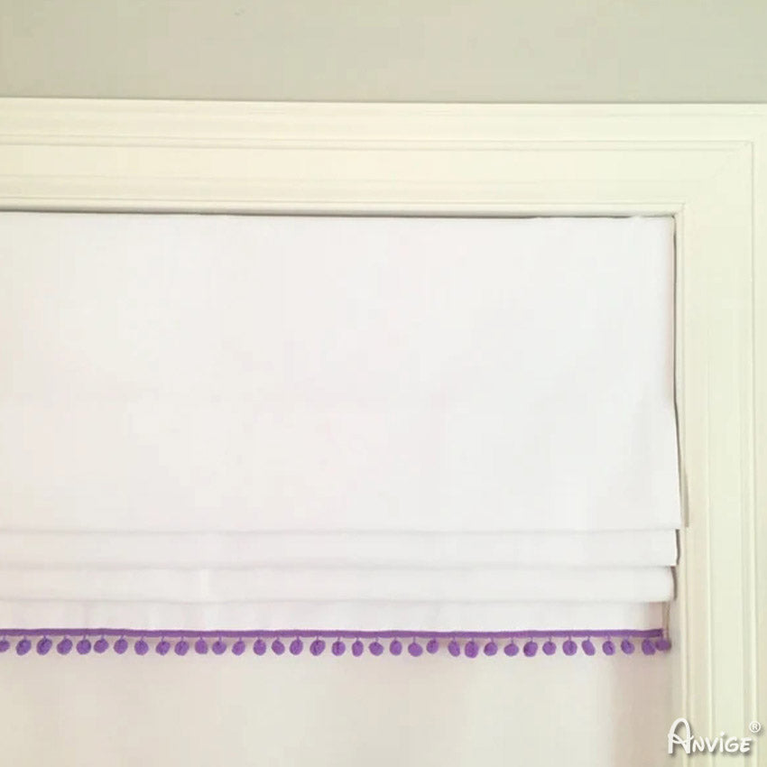 Anvige Home Textile Roman Shade Anvige Flat Roman Shades,Hardware For Installation Included,Window Treatment,Custom Roman Blinds,White With Purple Pompoms