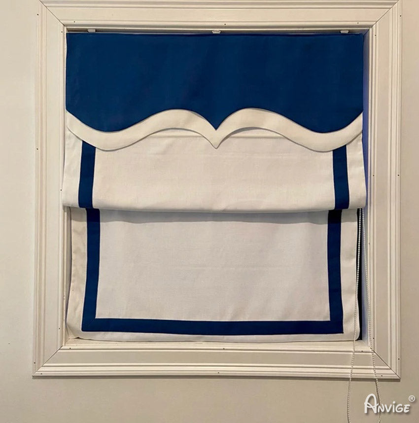 Anvige Home Textile Roman Shade Anvige Flat Roman Shades,Hardware For Installation Included,Window Treatment,Custom Roman Blinds With Blue Heading,White With Blue Border